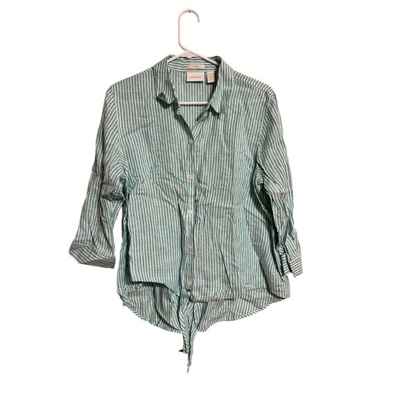 Chico's Size 2 Large Green Striped Linen Button Down Shirt No-Iron Tie Front - Picture 1 of 6